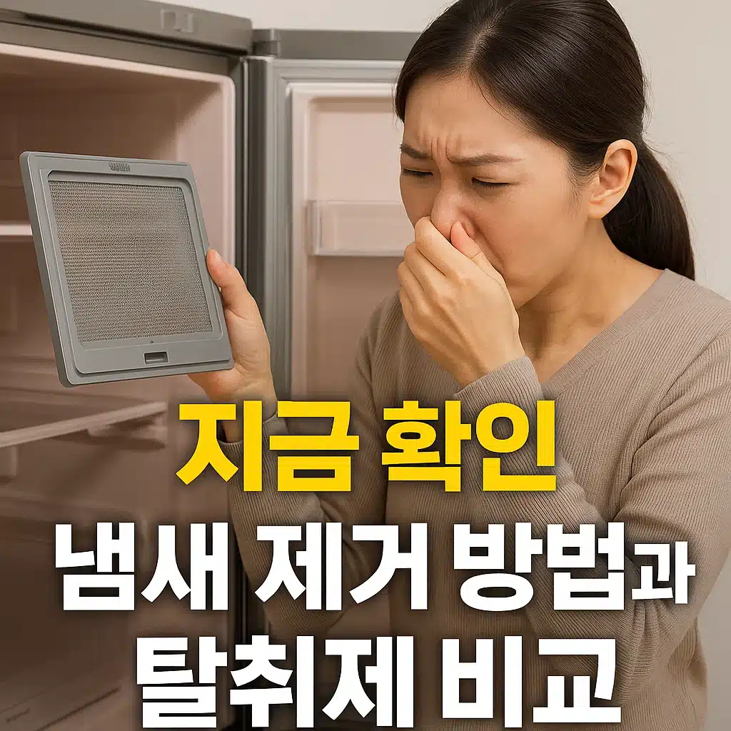 김치냉장고 필터 냄새 제거 방법과 탈취제 효과 비교를 안내하는 인포그래픽 이미지